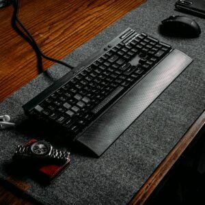 Wool felt desk mat with mechanical keyboard and mouse