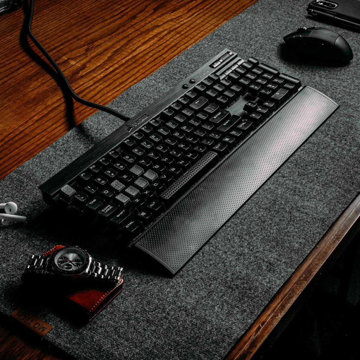 Wool felt desk mat with mechanical keyboard and mouse