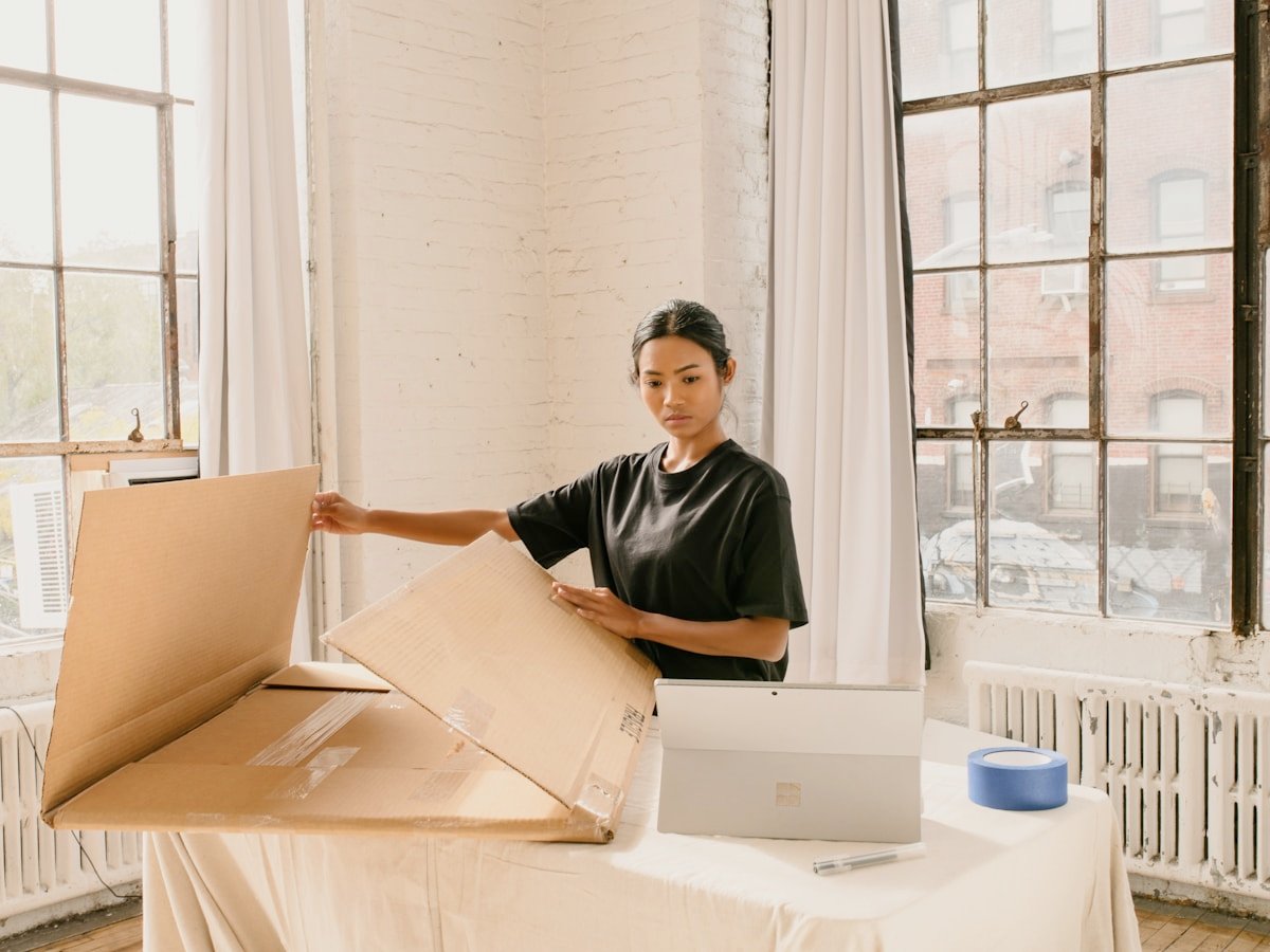 Packing an order into a cardboard box